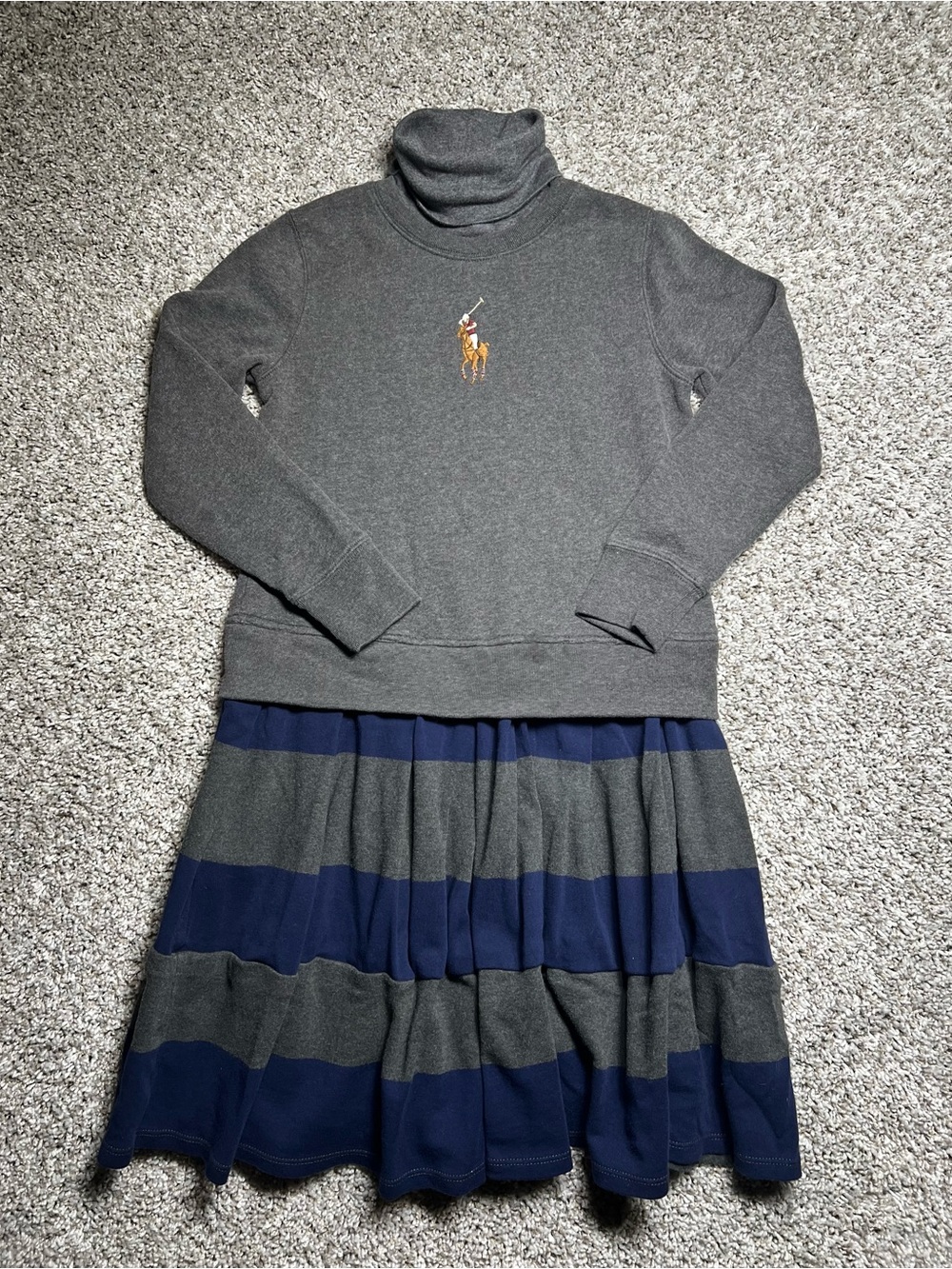 Polo by Ralph Lauren Gray Turtleneck Dress with Navy Striped Skirt